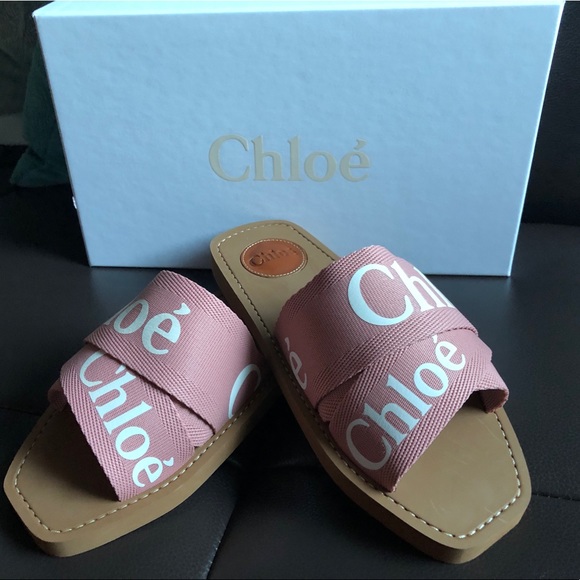chloe woody flat logo ribbon slide sandals